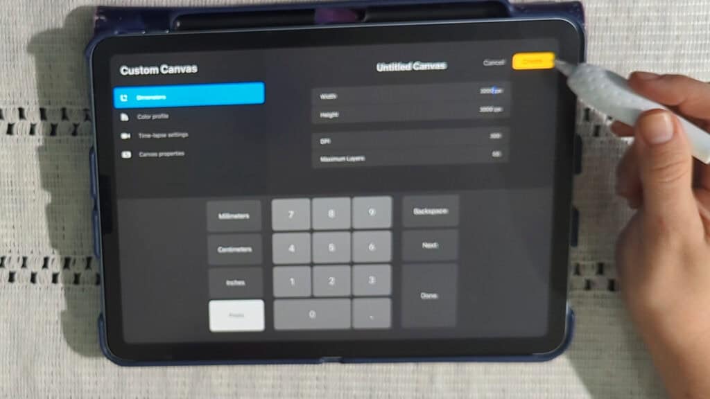 procreate tablet shown setting up canvas size