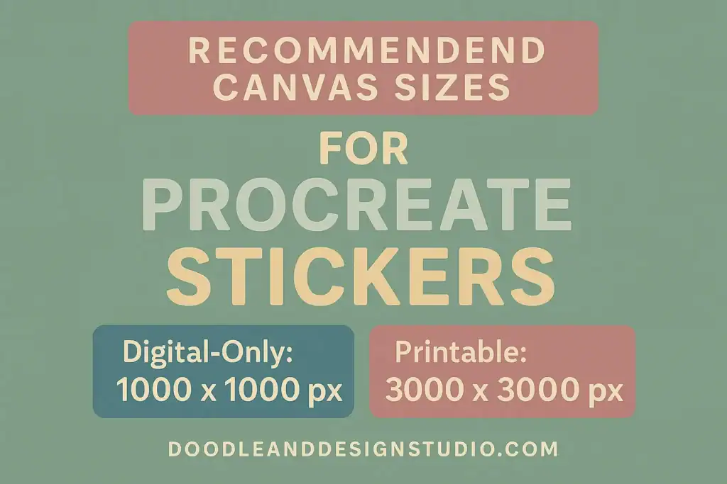 A digital canvas size guide comparing settings for digital, printable, and Cricut stickers.