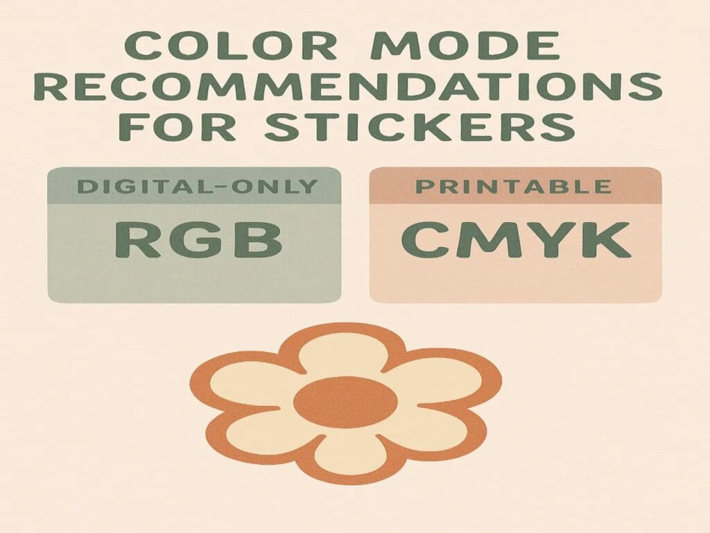 A side-by-side color mode guide with a playful flower icon: RGB vs CMYK for sticker printing.