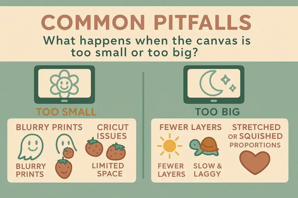A 2D infographic in muted retro tones showing common canvas size issues in Procreate, including a blurry tiny canvas, a giant oversized canvas, a distorted stretched canvas, and a crowded sticker sheet. Each problem is represented with cute sticker-style illustrations and labeled clearly for beginner artists.
