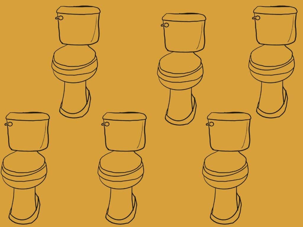 illustrations of a toilet pattern on a retro muted mustard green background