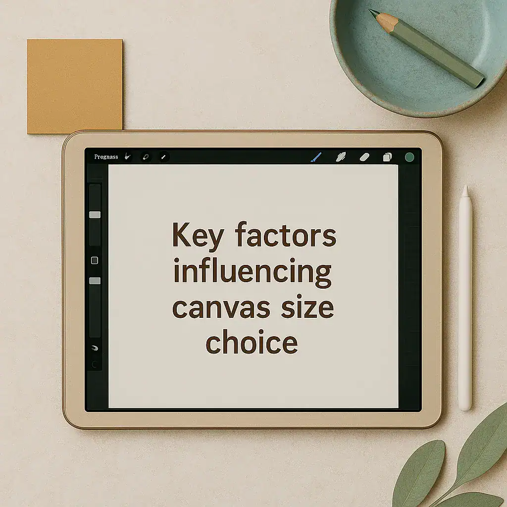 A cozy desk flat lay with iPad showing canvas settings and creative tools surrounding it.