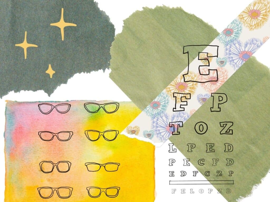scrapbook style image of glasses frames and eye chart