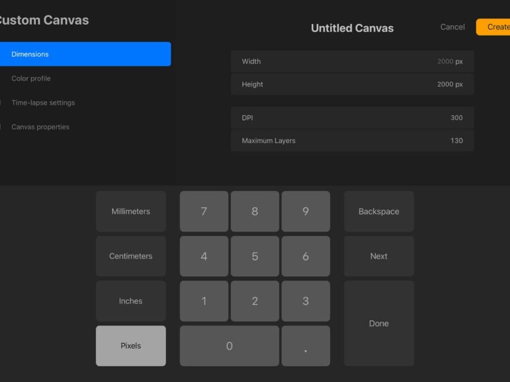 procreate screen showing canvas dimension selection