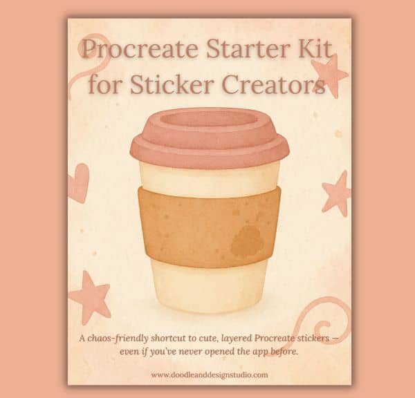 coffee cup on an orange background advertising free procreate starter kit for stickers creators