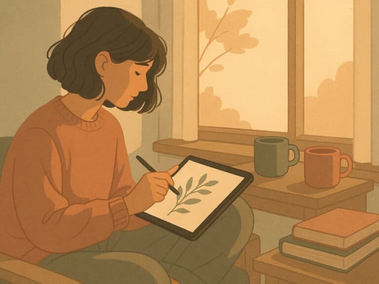 A relaxed scene of a person sketching in Procreate by a window, symbolizing a return to creativity.