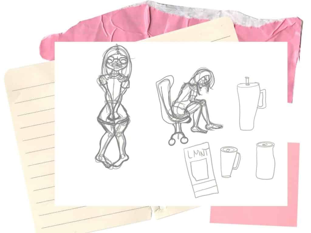 rough sketches of females in pain and several cups with electrolytes on scrapbook paper showcasing art journaling through chronic illness and storytelling