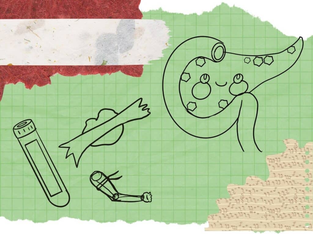 scrapbook papers with a cute pancreas drawing, a blood vial, a cotton ball with tape, and a rough sketch of an arm with a tourniquet