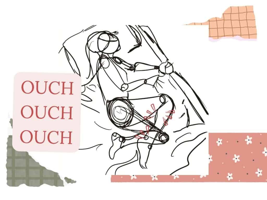 rough sketch of woman laying on bed muscle pain highlighted scrapbook papers in the background