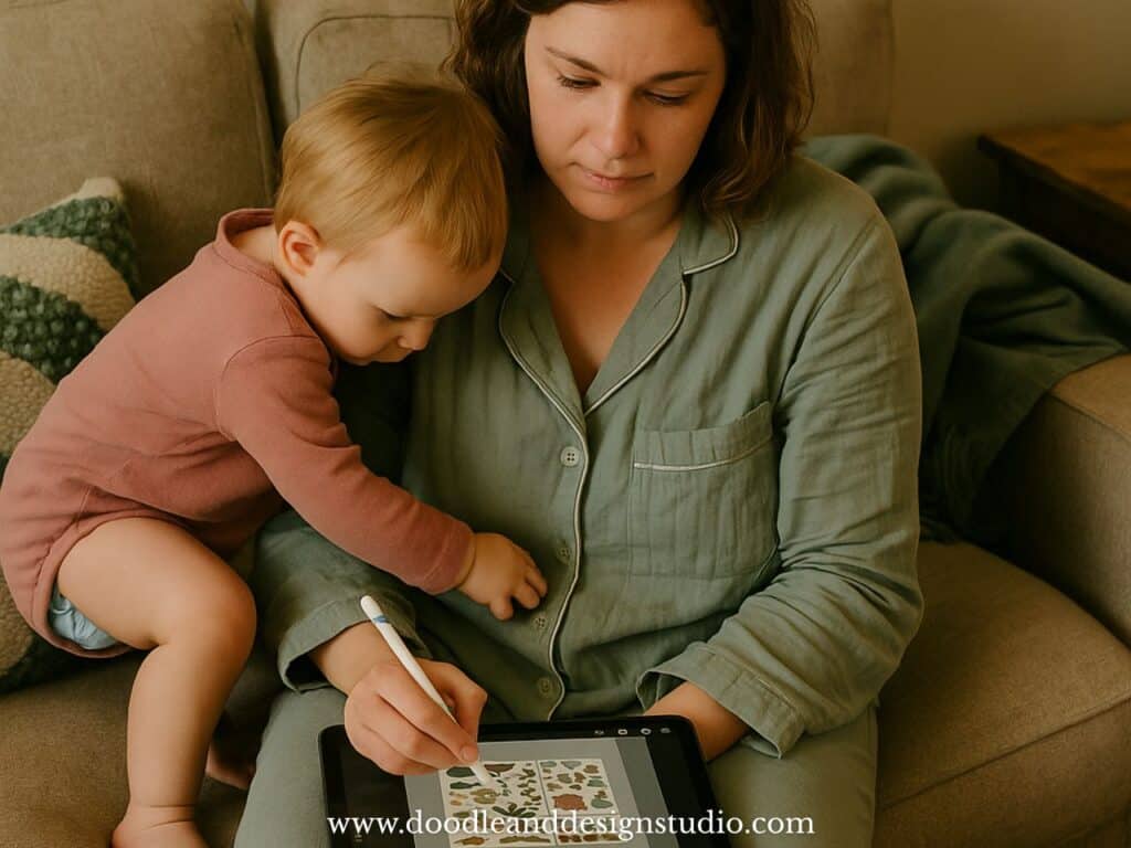 A pajama-clad mom balances creativity and parenting as her toddler climbs on her while she works.