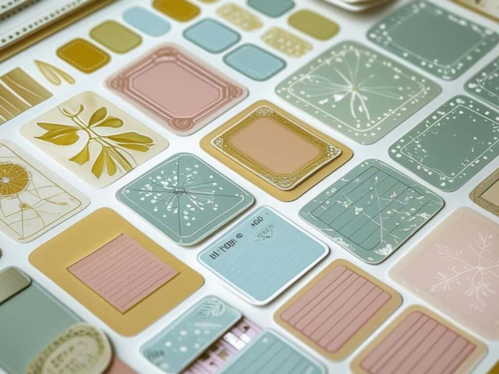 Close up of journaling stickers arranged by theme in muted retro colors