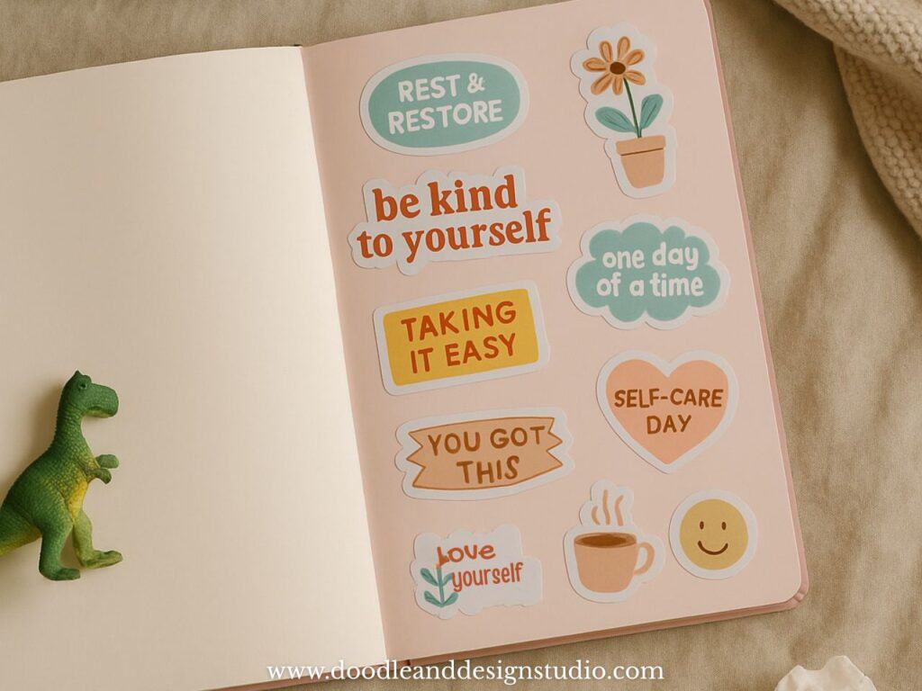 stickers on sketchbook with tea and tissues nearby in a cozy living room.