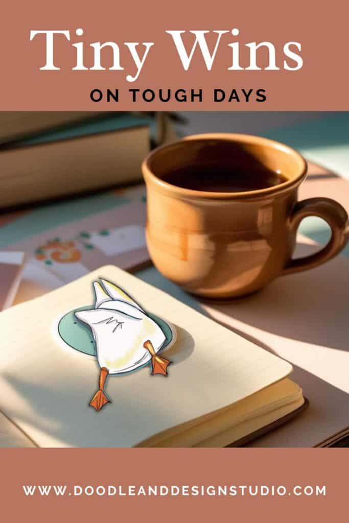 A cozy, chaotic scene with tea, tissues, and a journal featuring one sticker.