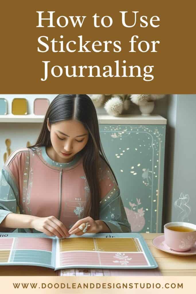 A woman journaling with stickers at a cozy desk with tea in muted retro tones.