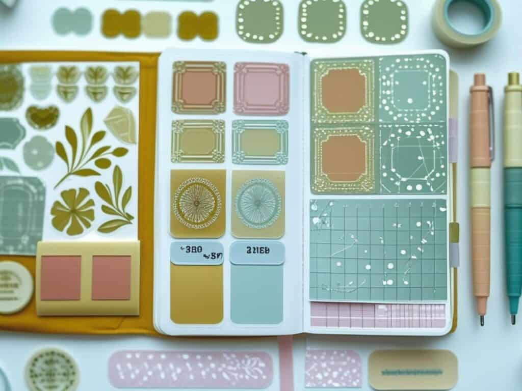 A cozy journal spread decorated with stickers, pens, and washi tape in muted retro tones.