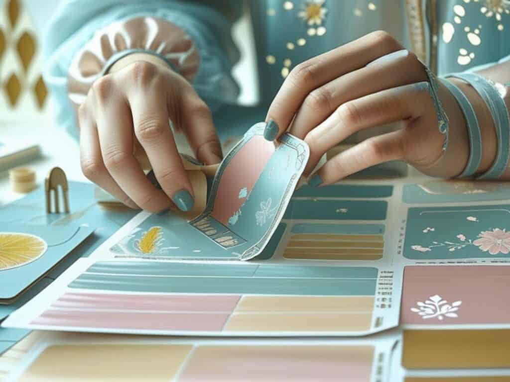 Hands peeling a sticker from a sheet for journaling in muted retro tones.