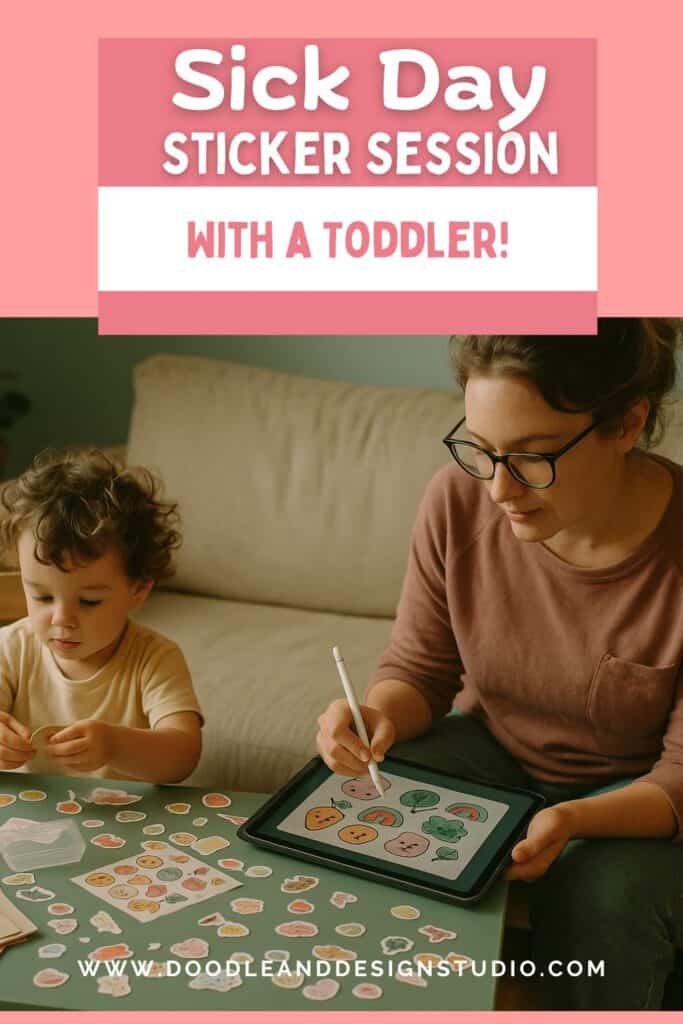 A mom sketches in Procreate on the couch while her toddler creates chaos around her.