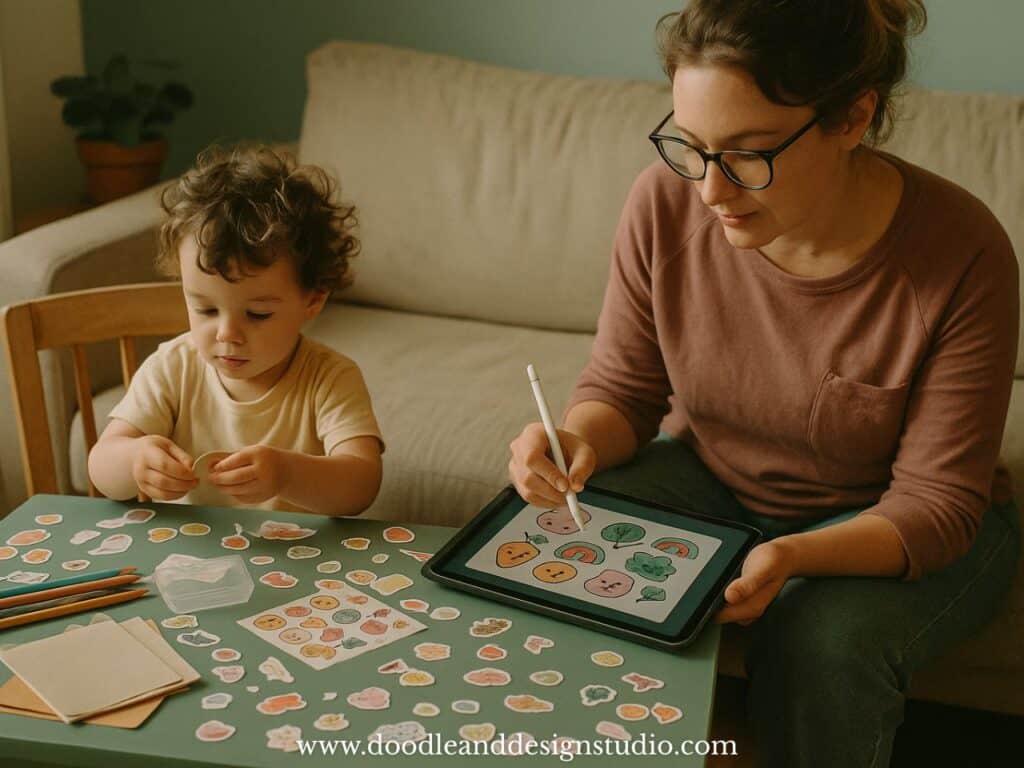 A toddler plays with stickers at a messy table while their mom draws on an iPad, surrounded by cozy chaos.