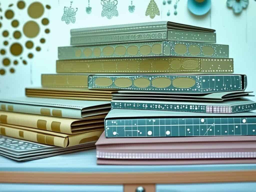 A stack of sticker storage binders and journals on a desk in muted retro colors.