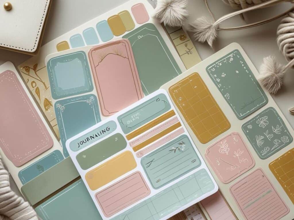 A flat lay photo of journaling stickers and cozy stationery in muted retro tones.