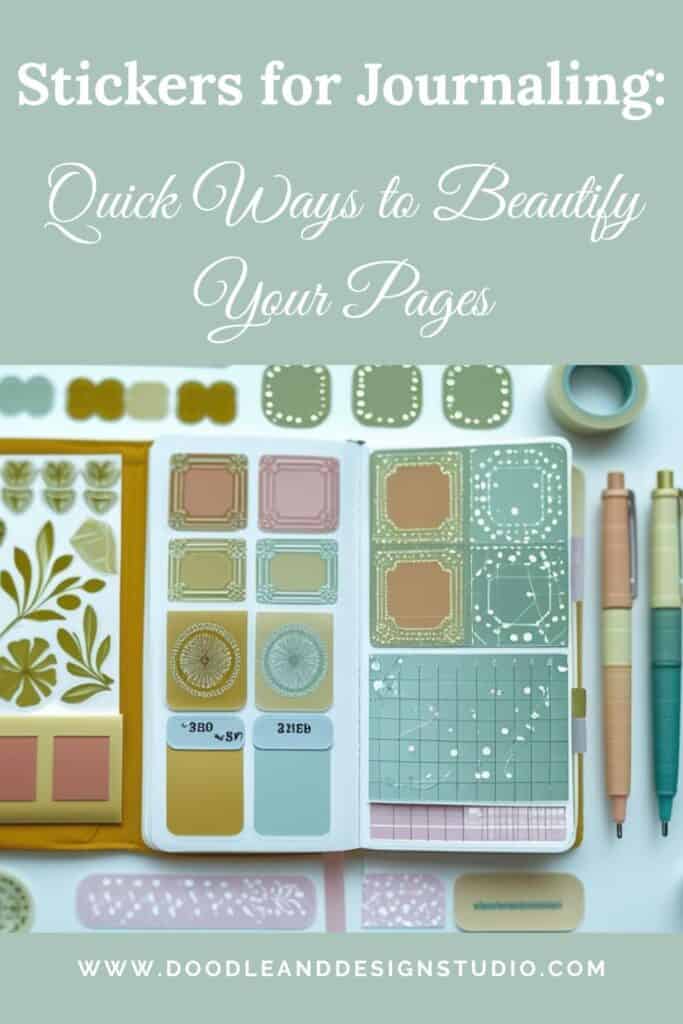 A flat lay of journaling stickers with pens and washi tape in muted retro tones.