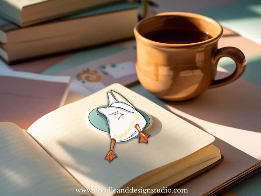 A journal with one sticker and a tea mug beside it, representing small creative victories.