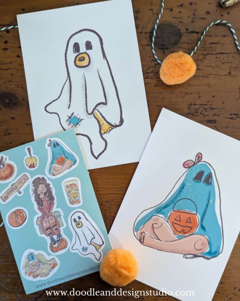 fall harvest sticker sheet along with ghost prints one is a cute girl and the other is a ghost dog