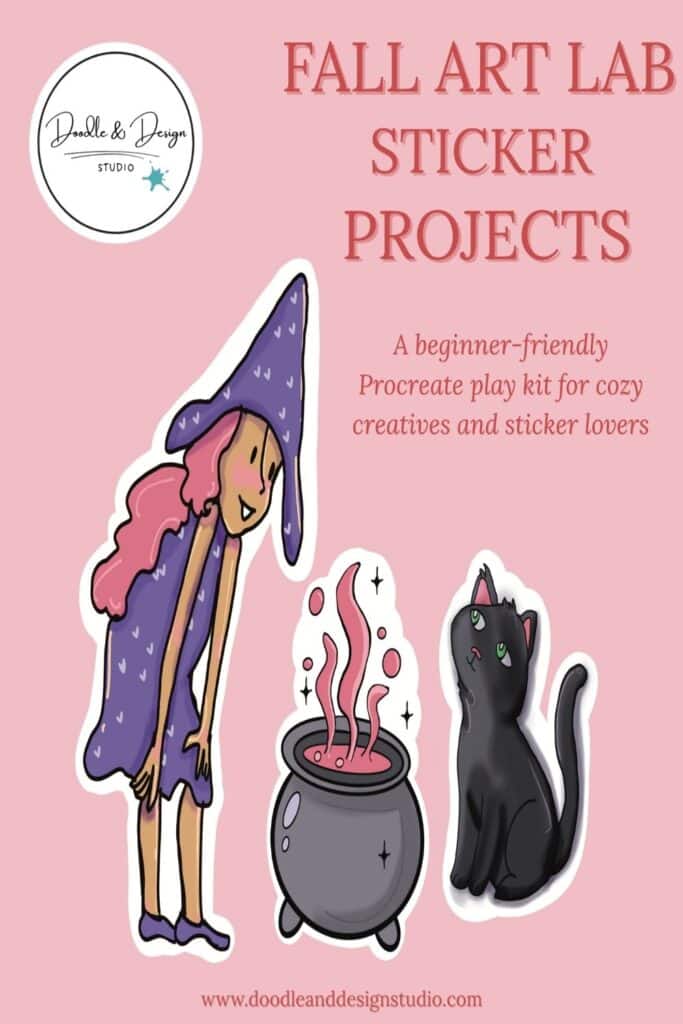 Digital mockup of three whimsical fall sticker designs with a witch, black cat, and pumpkin,