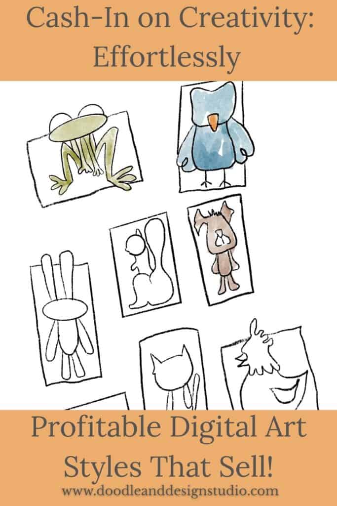 A group of hand-drawn animal doodles including a frog, bird, dog, and bunny with text promoting profitable digital art styles.