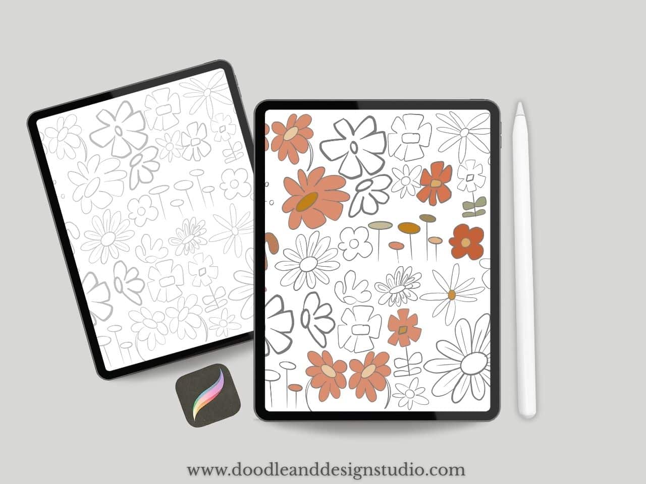 Two tablets with floral art shown in outline and colored form, highlighting the creative process of digital drawing.