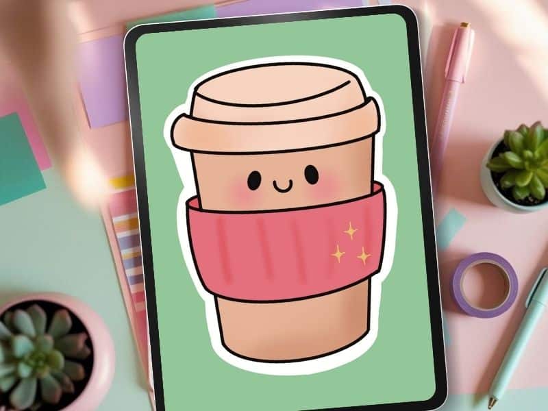 cute handdrawn  to go coffee cup on iPad with stationery and plants in the background