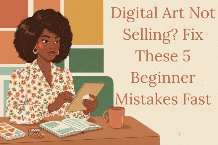 Illustration of a woman creating digital art on a tablet, paired with the text “Digital Art Not Selling? Fix These 5 Beginner Mistakes Fast,” for a blog about improving online art sales.