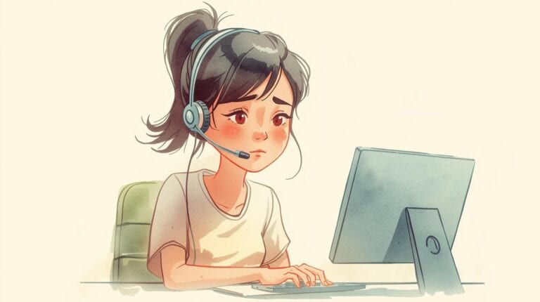watercolor illustration of woman at computer with headset