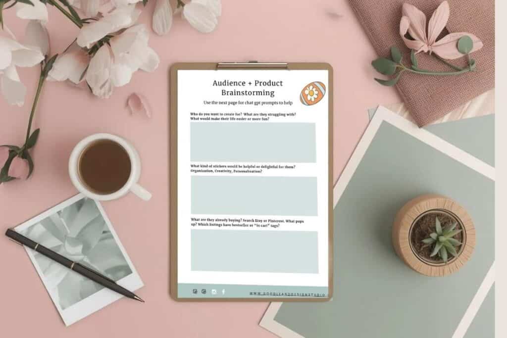 flat lay pink background clipboard with a printed sheet from a digital product