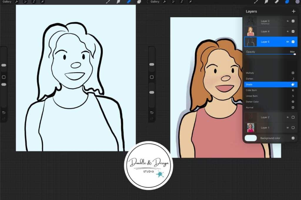 finished line art and finished color and shadows on cartoon portrait in procreate