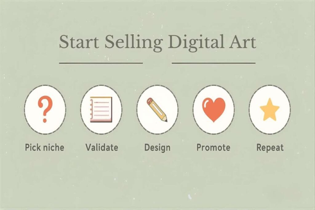 sage green infographic with cartoon graphics make money with digital art process