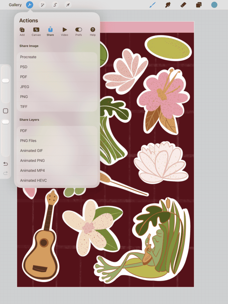 how to export your sticker sheet from procreate, frog stickers tropical vacation by Cynthia McDonald