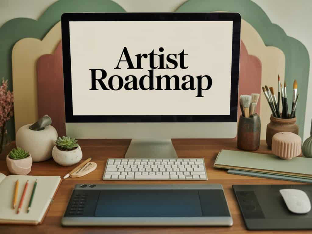 computer screen with artist roadmap retro background