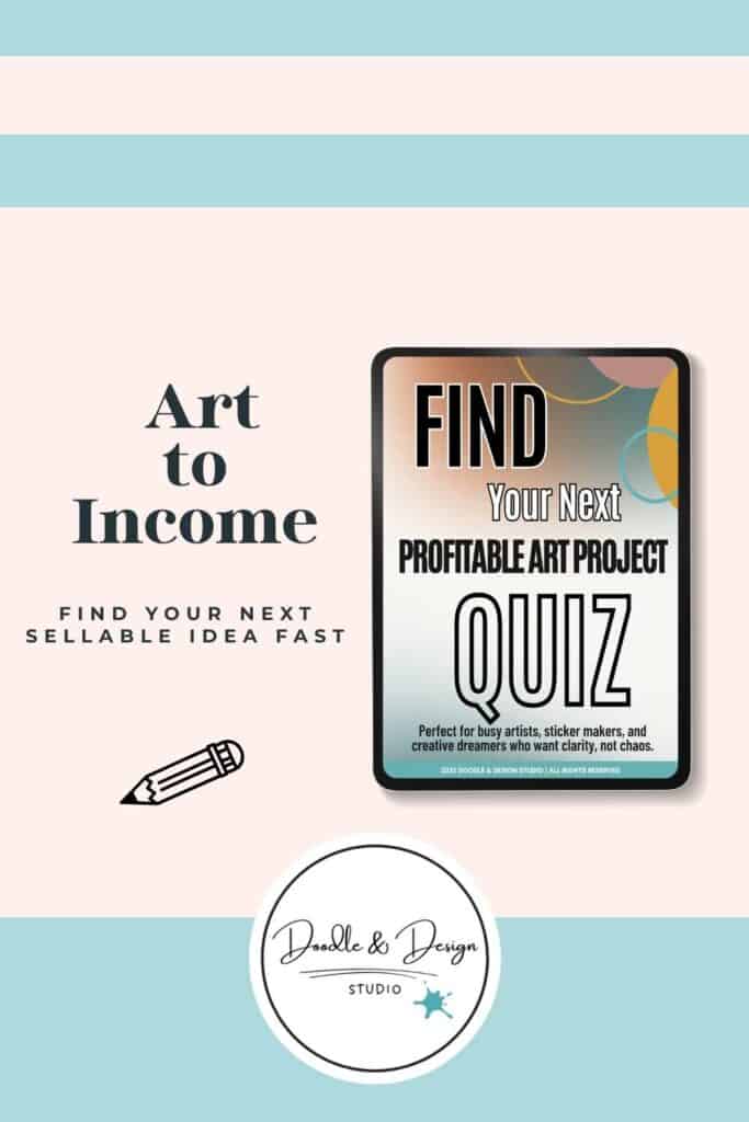 A promotional graphic showing a tablet with a quiz titled “Find Your Next Profitable Art Project” and text that reads “Art to Income.”