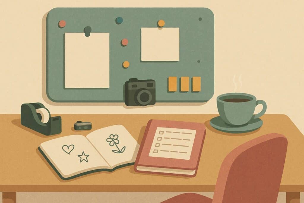 A soft digital workspace showing signs of a gentle traffic-building habit with art supplies and cozy energy in muted retro colors.