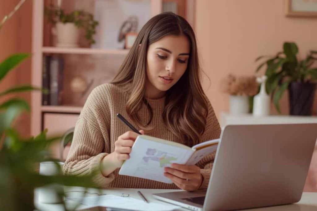 A creative woman sketching and brainstorming niche ideas for her digital art shop in a cozy home studio.