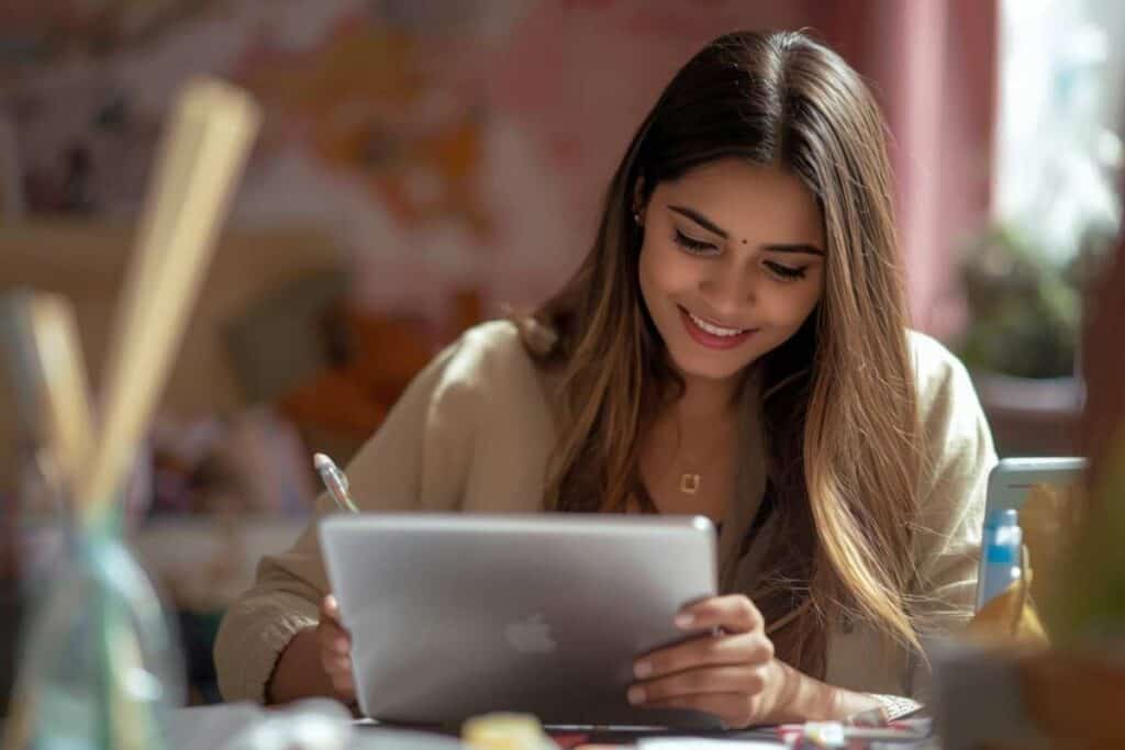 woman drawing on iPad or tablet, relaxed smile, messy but cozy art studio background, warm muted tones (dusty pink, sage, mustard), gentle natural light