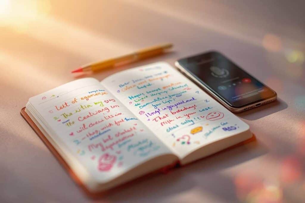 A notebook full of doodles and notes next to a phone with recording app open — symbolizing brain‑dumping art ideas.