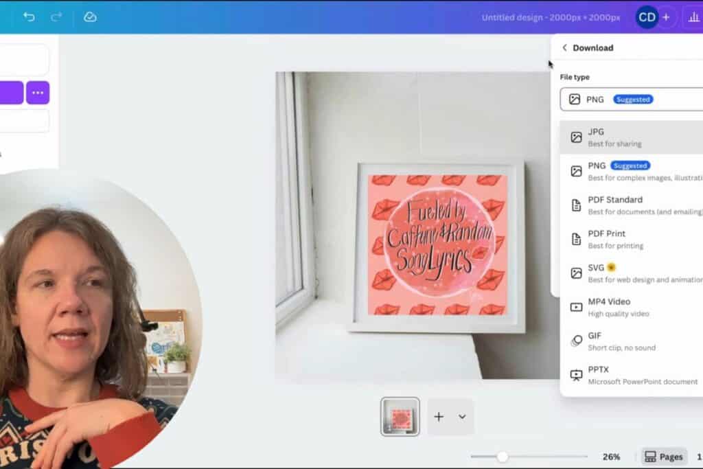 Canva’s download options are shown alongside a framed digital art print mockup; the creator appears in the corner explaining how to export a file.