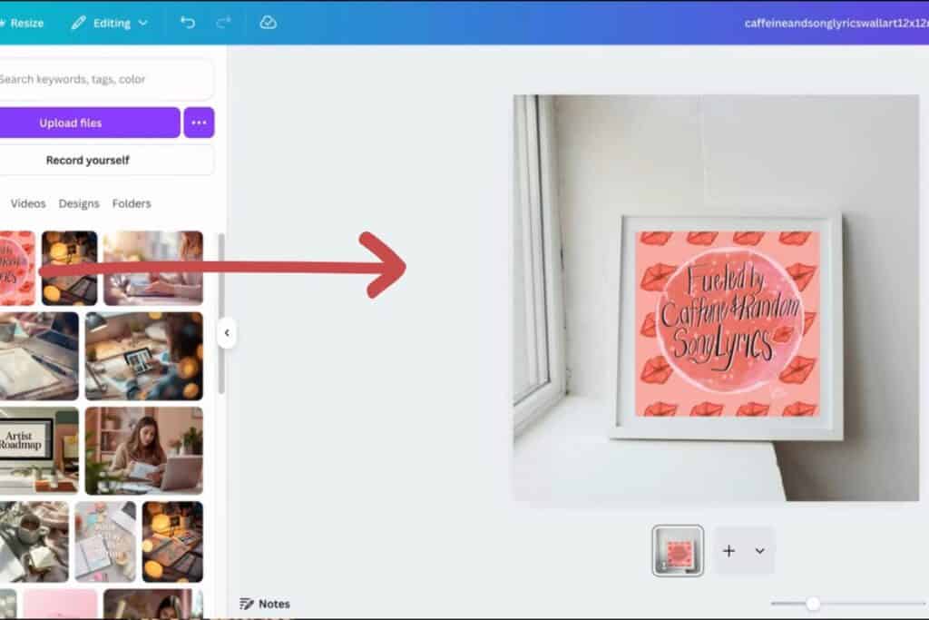 A Canva workspace with a mockup of framed art on a white windowsill, and a red arrow pointing to the art upload in the design sidebar.