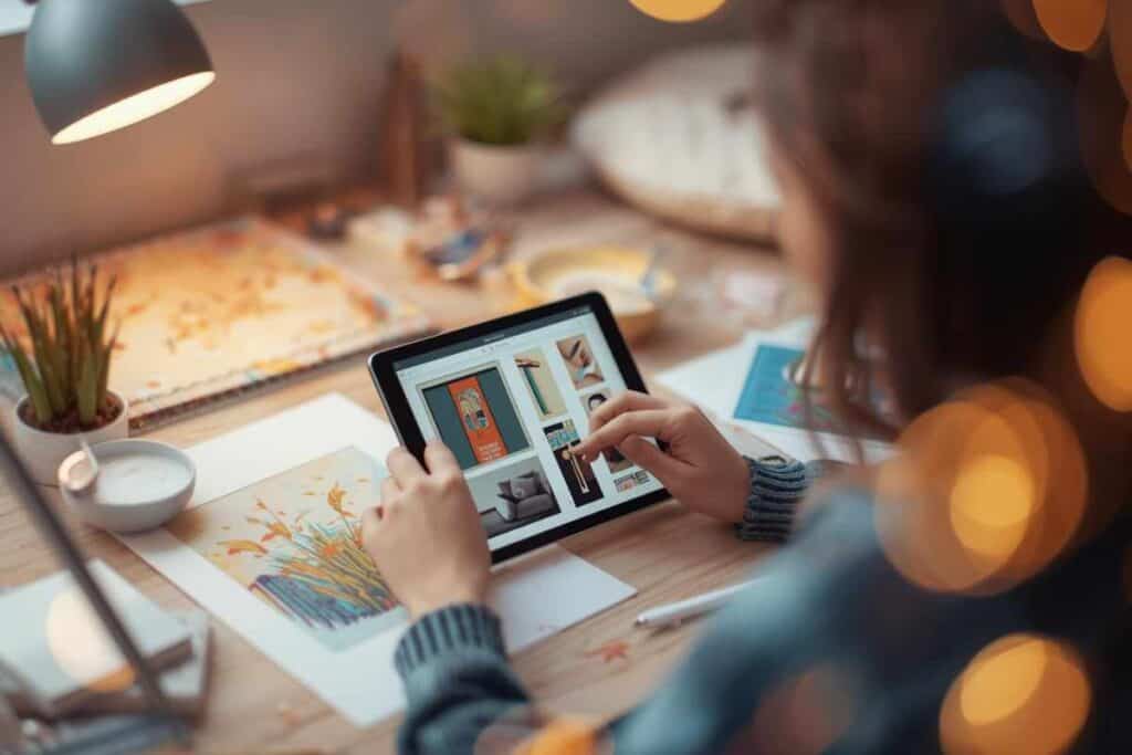 A digital art mockup displayed on tablet and printed art on desk, ready for listing as a product.