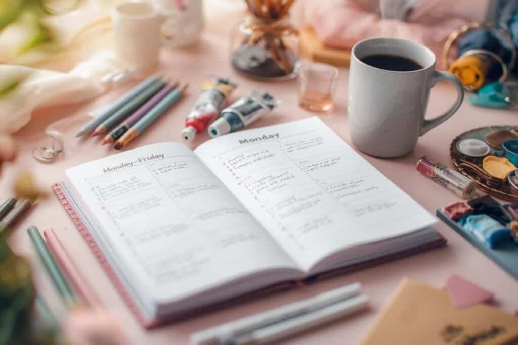 A weekly planner showing a simple art‑business routine to help organize product creation and launch workflow.