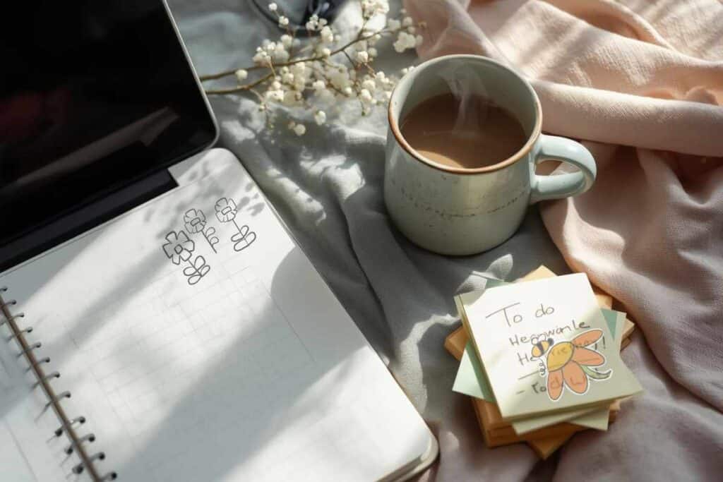 A cozy desk flatlay with tools and notes for setting up a digital product listing before launch.