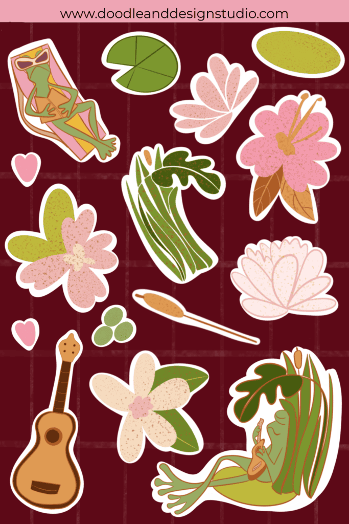tropical frogs on vacation by Cynthia McDonald flowers and frogs relaxing on a sticker sheet
