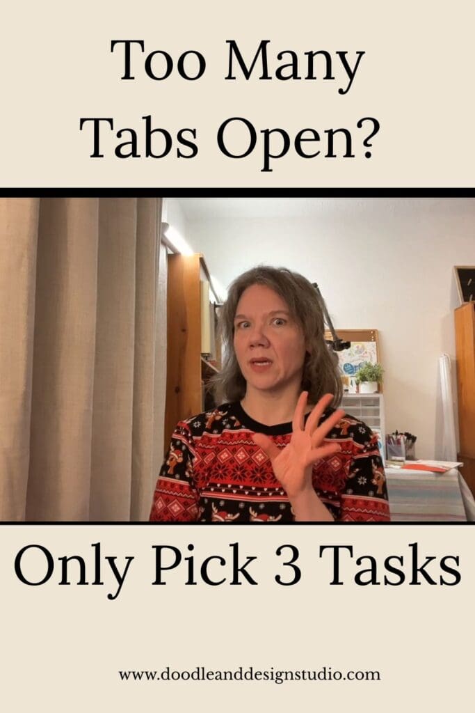 A tired woman in a festive sweater looks overwhelmed, with text that reads overwhelmed  try a two week creative rhythm